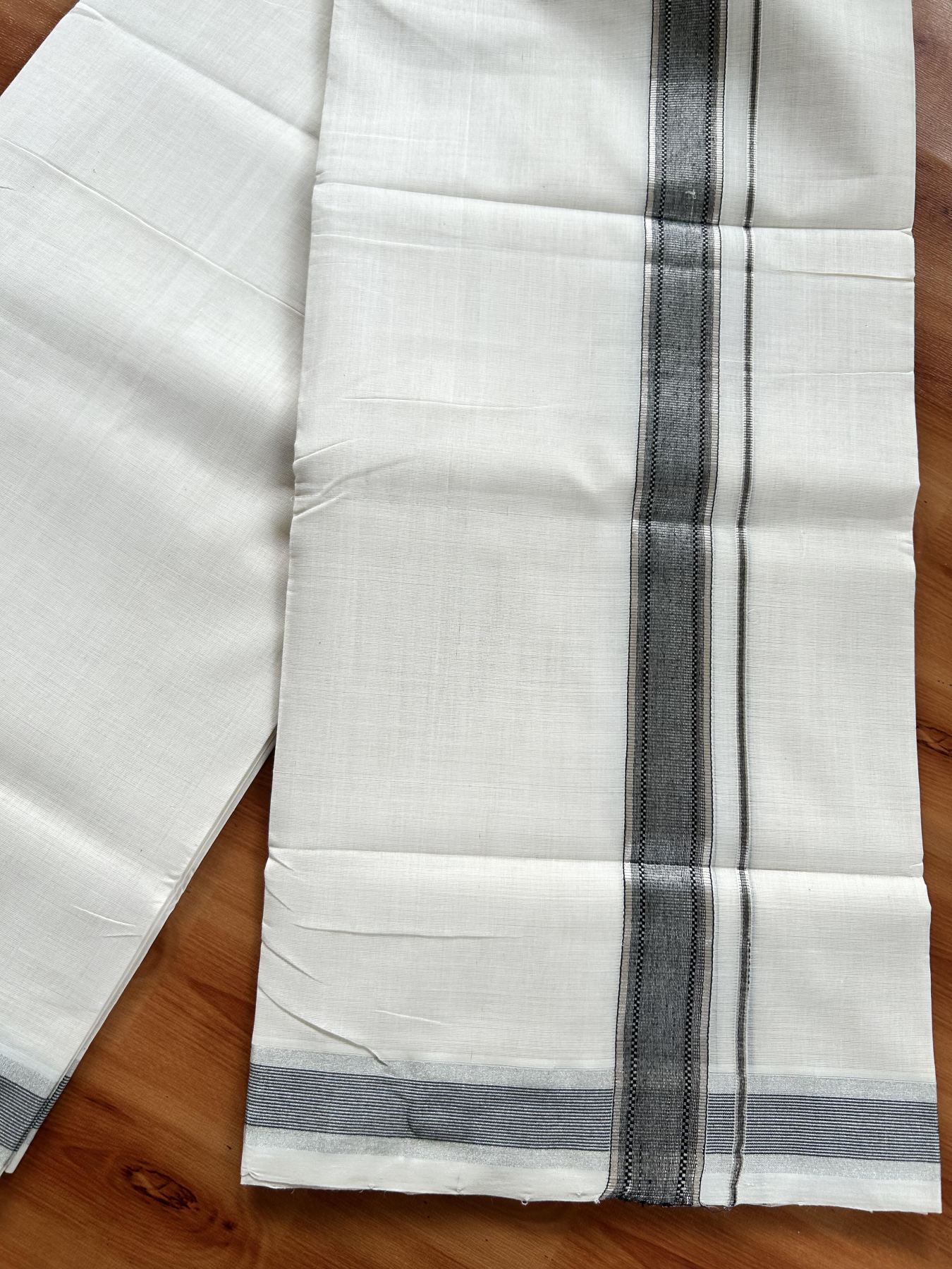 Double Off White (Unbleached) Mundu/Dhoti - 25% Discount! KaithariKada Handloom Unakkupaav Kerala Handloom - Pure Cotton - 80x90 - 1.25 Inch Silver Kasav & Black Striped Kara  4 Mtr (8.5 Muzham) - 12 KK5438 YAR