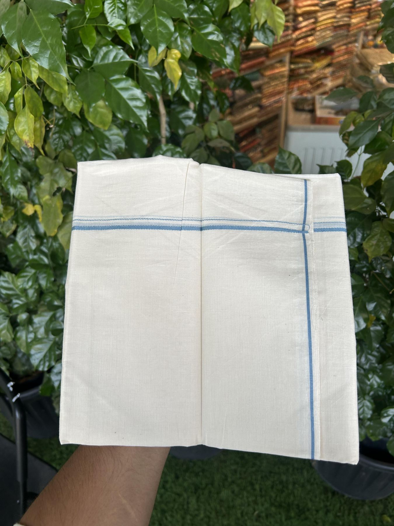 20% Discount! KaithariKada Balaramapuram 100% Cotton Double Off white - (Unbleached) - Mundu/Dhoti - 100x80 - 0.3 cm Ash Blue Thin Kara - 22 KK5357 VAS