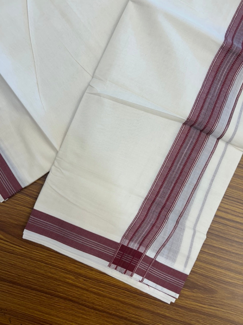 20% Discount ! Kaitharikada Balaramapuram 100% Cotton Off White Double Mundu/Dothi  - 100x80- 1.75 Inch Silver Kasav Maroon & Black Striped Kara - 4mtr (8.5muzham)- 2 KK5292 CKS