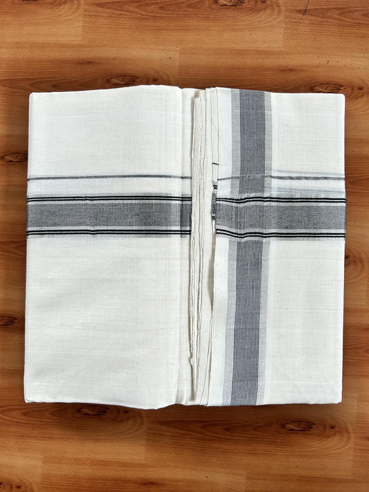 Double Off White (Unbleached) Mundu/Dhoti - 25% Discount! KaithariKada Handloom Unakkupaav Kerala Handloom - Pure Cotton - 80x90 - 1.25 Inch Silver Kasav & Black Striped Kara  4 Mtr (8.5 Muzham) - 10 KK5438 YAR