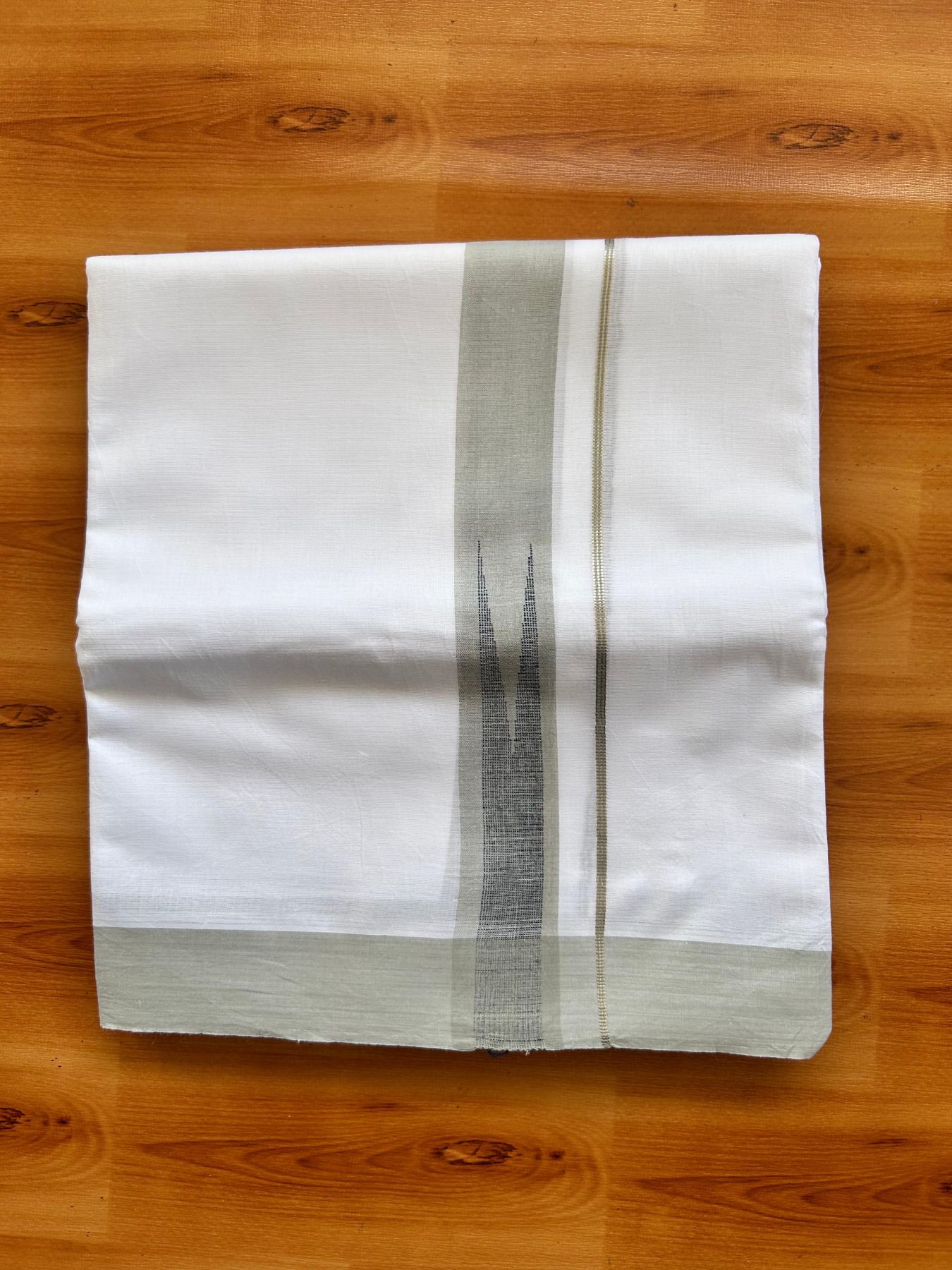 Double Pure White Mundu/Dhoti - 20% Discount !! KaithariKada Balaramapuram 100% Cotton - 100x80 - 1.5 inch Sage Green & Dark Blue Silver Chutty Kara 3.80 mtr (8 muzham) - 4 KK5499 CKS