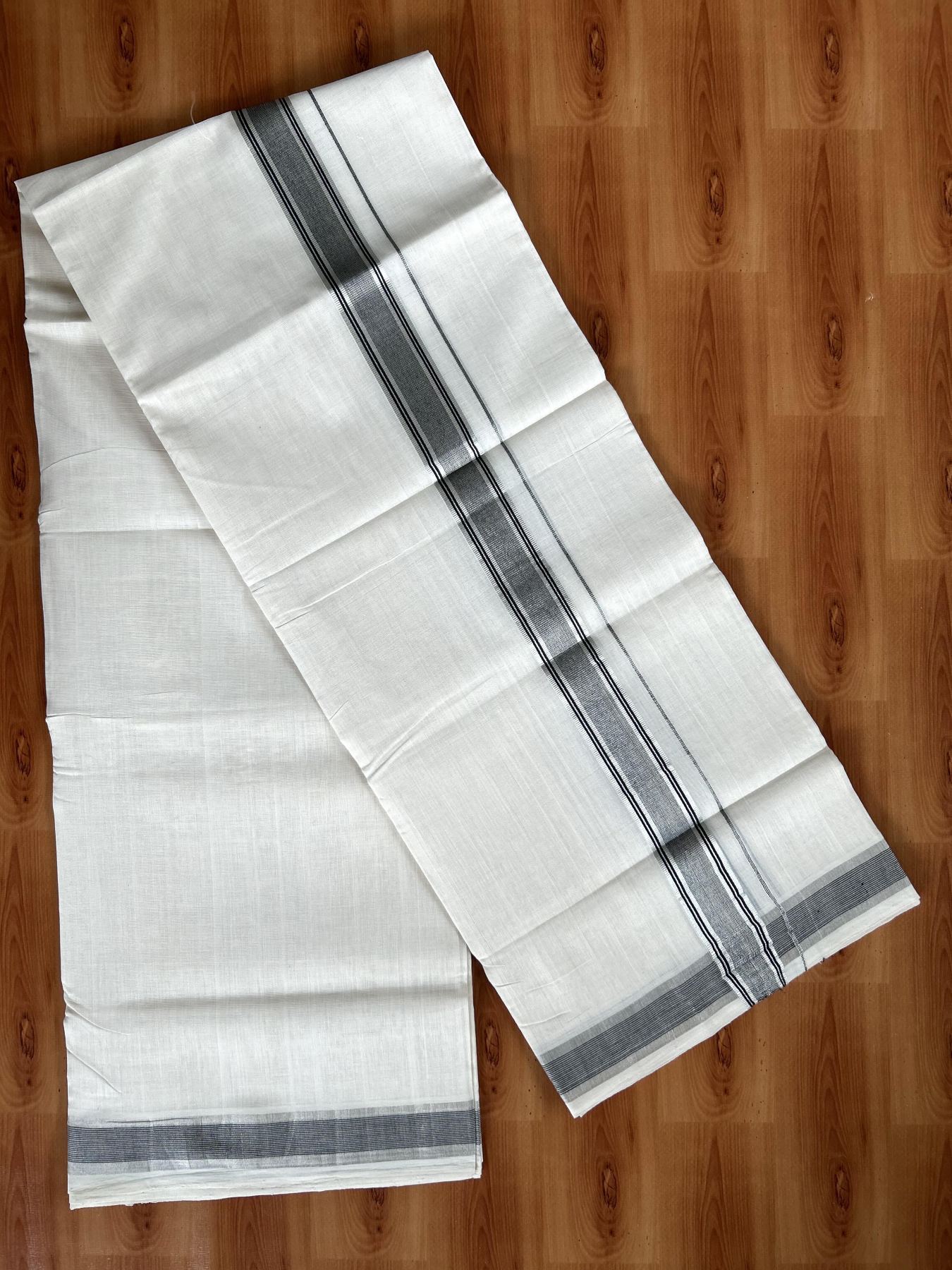 Double Off White (Unbleached) Mundu/Dhoti - 25% Discount! KaithariKada Handloom Unakkupaav Kerala Handloom - Pure Cotton - 80x90 - 1.25 Inch Silver Kasav & Black Striped Kara  4 Mtr (8.5 Muzham) - 10 KK5438 YAR