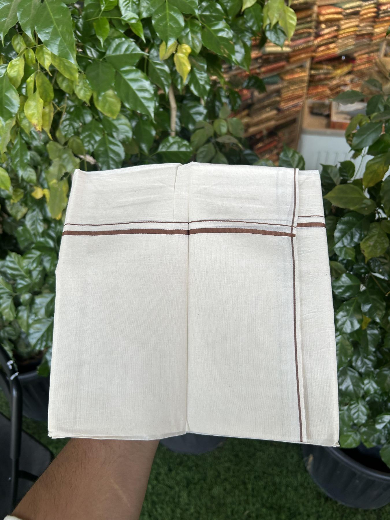 20% Discount! KaithariKada Balaramapuram 100% Cotton Double Off white - (Unbleached) - Mundu/Dhoti - 100x80 - 0.3 cm Brown Thin Kara 4 mtr (8.5 muzham) - 32 KK5357 VAS