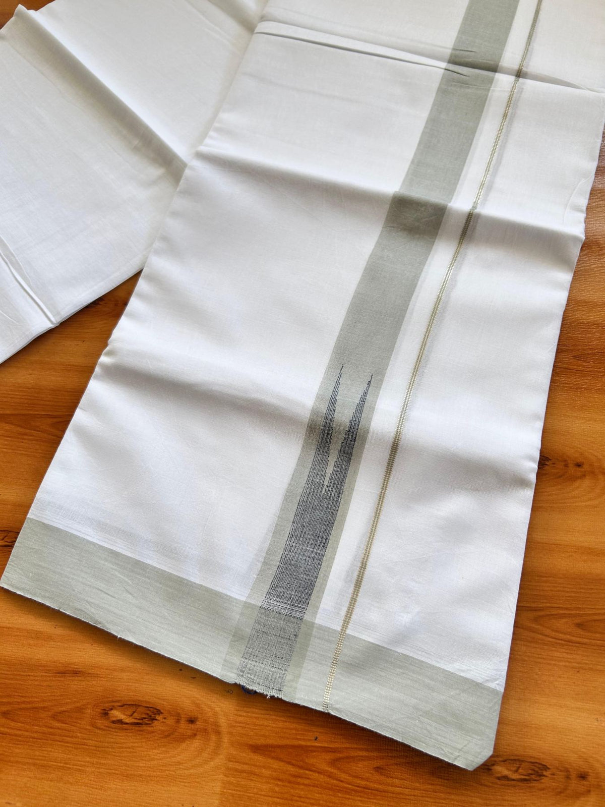 Double Pure White Mundu/Dhoti - 20% Discount !! KaithariKada Balaramapuram 100% Cotton - 100x80 - 1.5 inch Sage Green & Dark Blue Silver Chutty Kara 3.80 mtr (8 muzham) - 4 KK5499 CKS