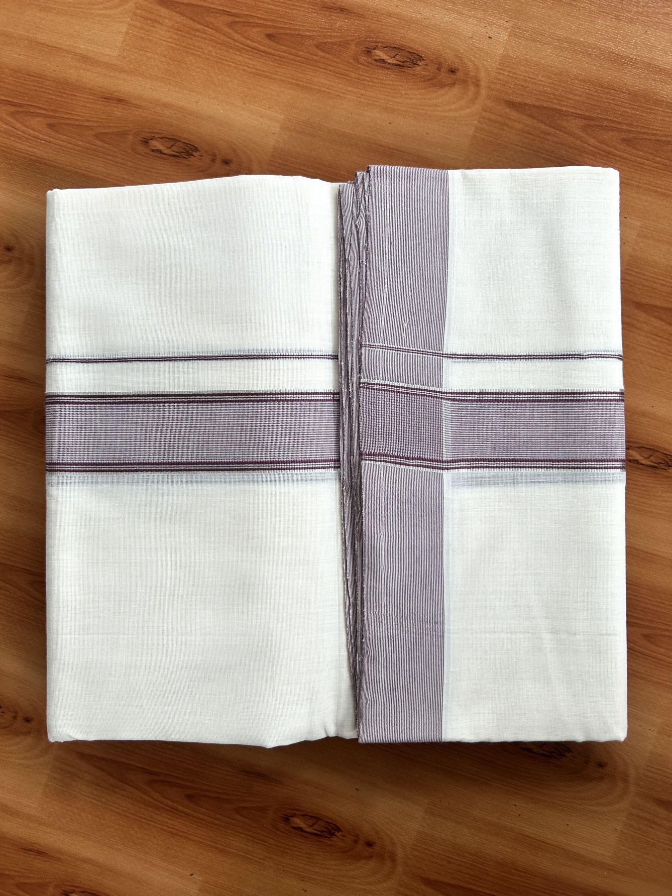 Double Off White (Unbleached) Mundu/Dhoti - 25% Discount! KaithariKada Handloom Unakkupaav Kerala Handloom - Pure Cotton - 80x90 - 1.25 Inch Silver Kasav & Light Burgundy Striped Kara  4 Mtr (8.5 Muzham) - 23 KK5438 YAR