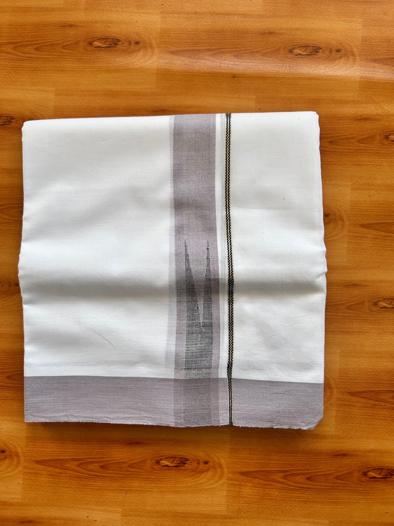 Double Pure White Mundu/Dhoti - 20% Discount !! KaithariKada Balaramapuram 100% Cotton - 100x80 - 1.5 inch Ash Purple & Black Silver Chutty Kara 3.80 mtr (8 muzham) - 5 KK5499 CKS