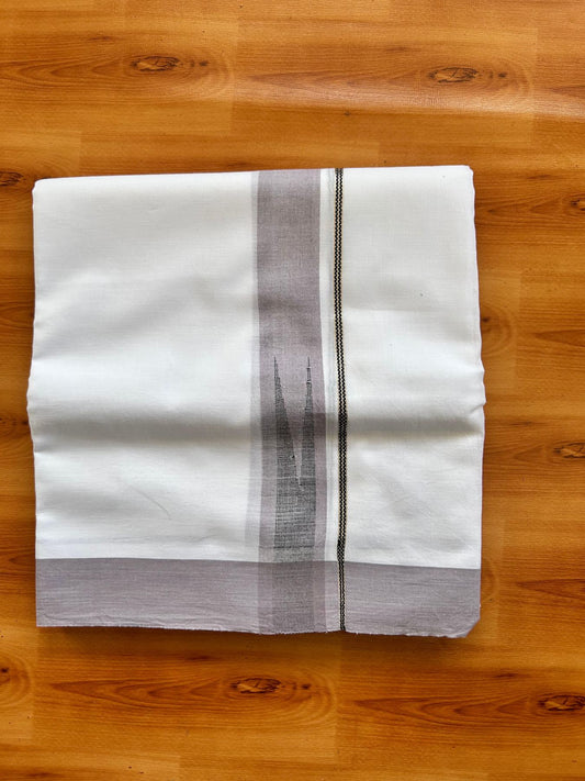 Double Pure White Mundu/Dhoti - 20% Discount !! KaithariKada Balaramapuram 100% Cotton - 100x80 - 1.5 inch Ash Purple & Black Silver Chutty Kara 3.80 mtr (8 muzham) - 5 KK5499 CKS