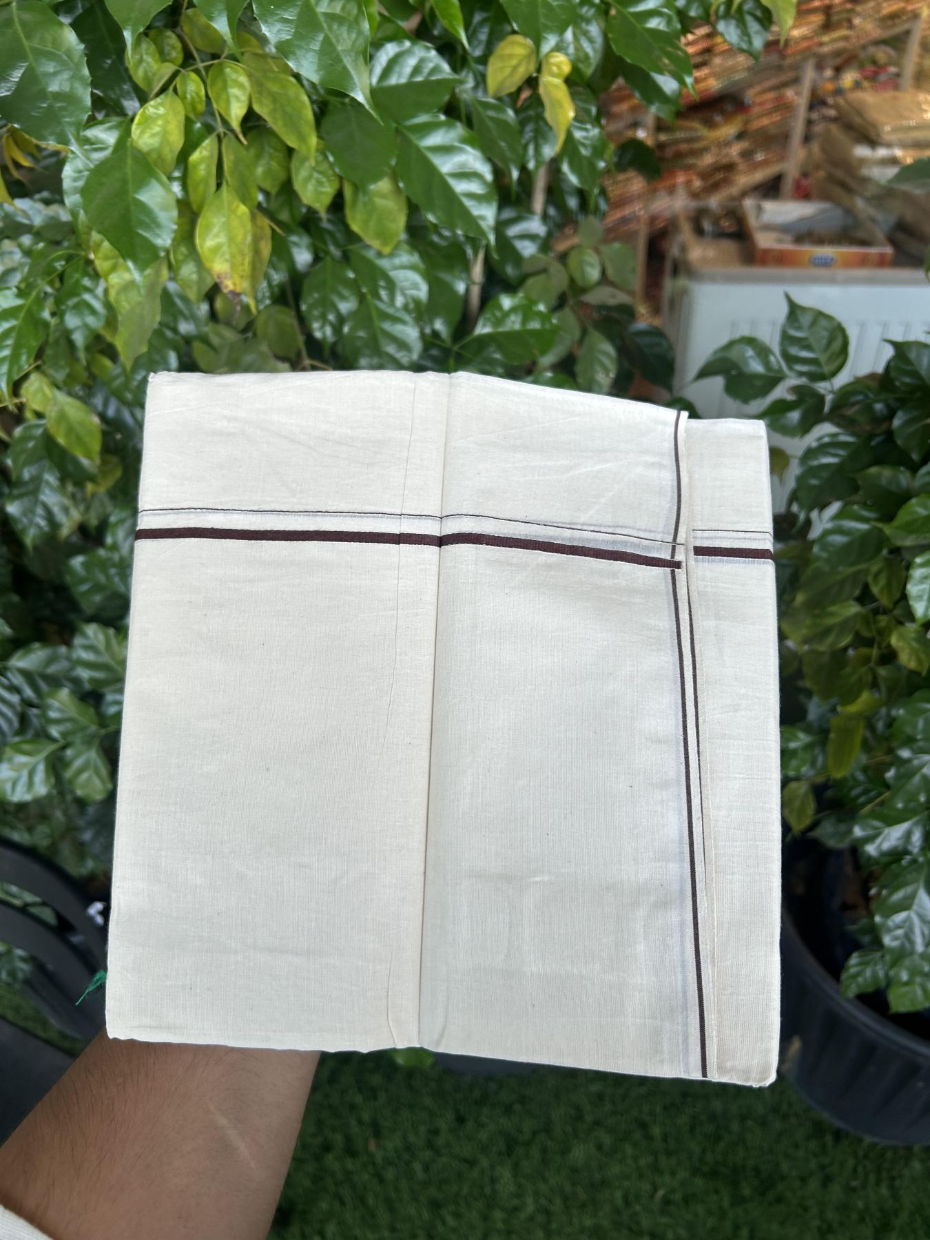 20% Discount! KaithariKada Balaramapuram 100% Cotton Double Off white - (Unbleached) - Mundu/Dhoti - 100x80 - 0.3 cm Chocolate Brown Thin Kara 4 mtr (8.5 muzham) - 31 KK5357 VAS