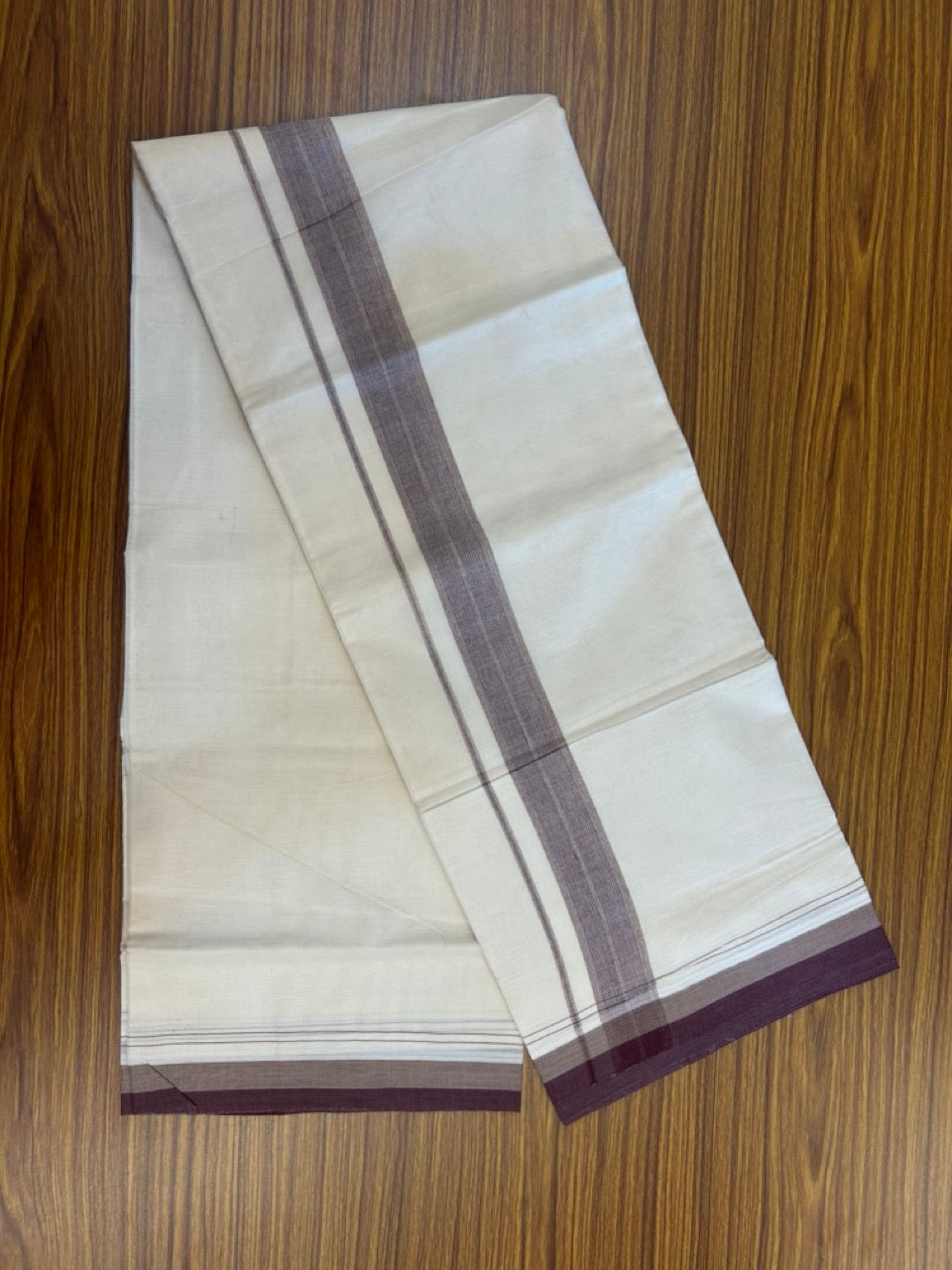 20% DISCOUNT!! KaithariKada Balaramapuram 100%  Cotton OFF WHITE Double - (Unbleached) Mundu/Dhoti - 100X80 - 1.5 inch Maroon & Sand brown Shaded Kara with Stripes - 6 KK5292 VIN