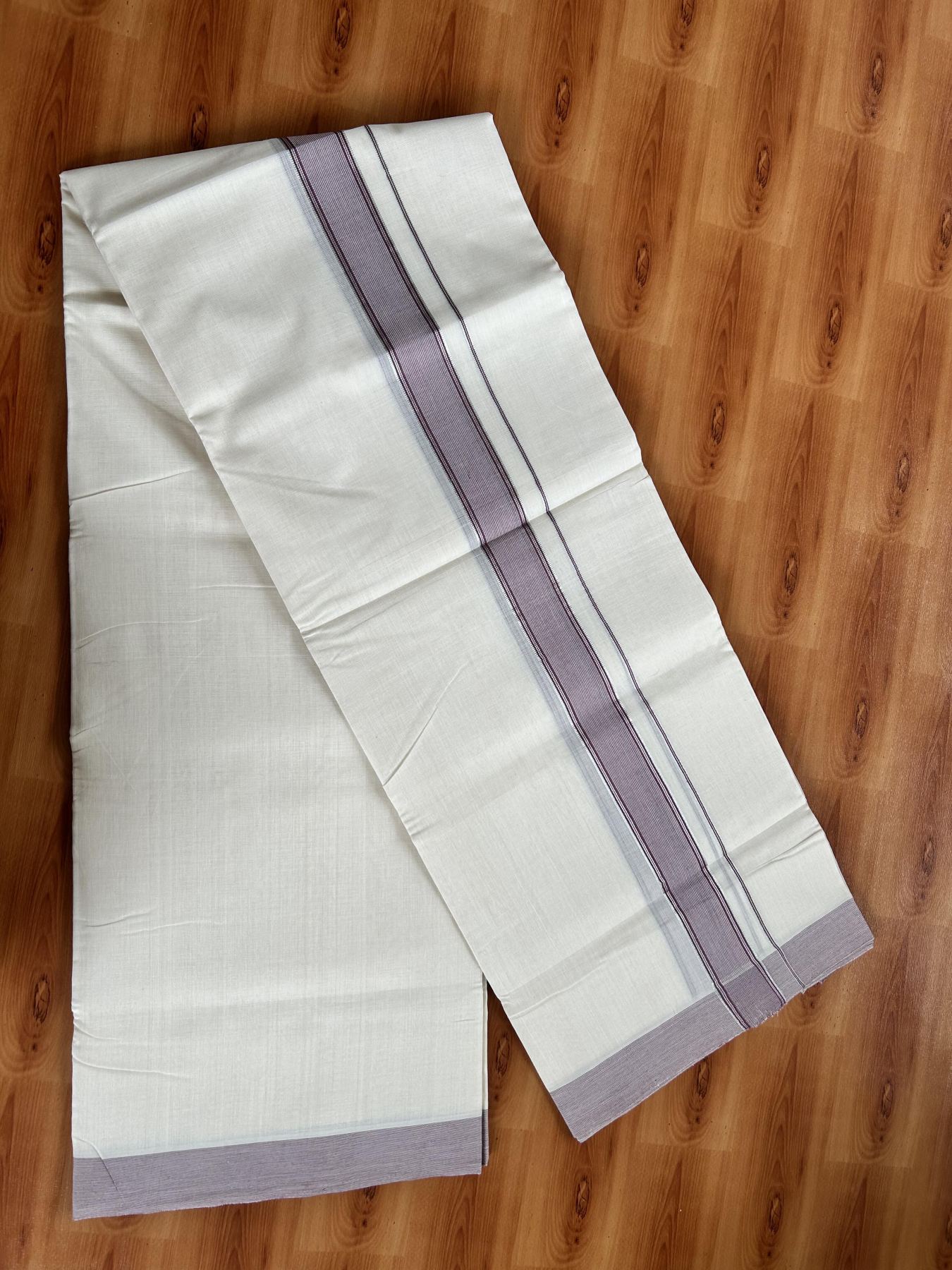 Double Off White (Unbleached) Mundu/Dhoti - 25% Discount! KaithariKada Handloom Unakkupaav Kerala Handloom - Pure Cotton - 80x90 - 1.25 Inch Silver Kasav & Light Burgundy Striped Kara  4 Mtr (8.5 Muzham) - 23 KK5438 YAR