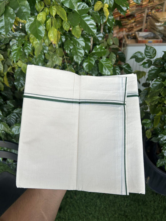 20% Discount! KaithariKada Balaramapuram 100% Cotton Double Off white - (Unbleached) - Mundu/Dhoti - 100x80 - 0.3 cm Dark Green Thin Kara 4 mtr (8.5 muzham) - 58 KK5357 VAS