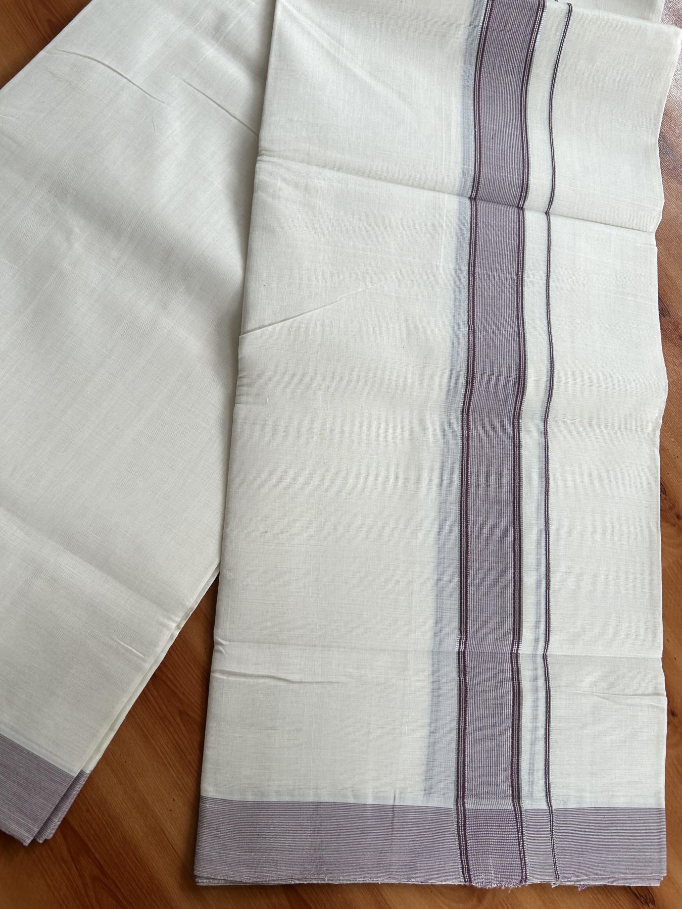 Double Off White (Unbleached) Mundu/Dhoti - 25% Discount! KaithariKada Handloom Unakkupaav Kerala Handloom - Pure Cotton - 80x90 - 1.25 Inch Silver Kasav & Light Burgundy Striped Kara  4 Mtr (8.5 Muzham) - 23 KK5438 YAR