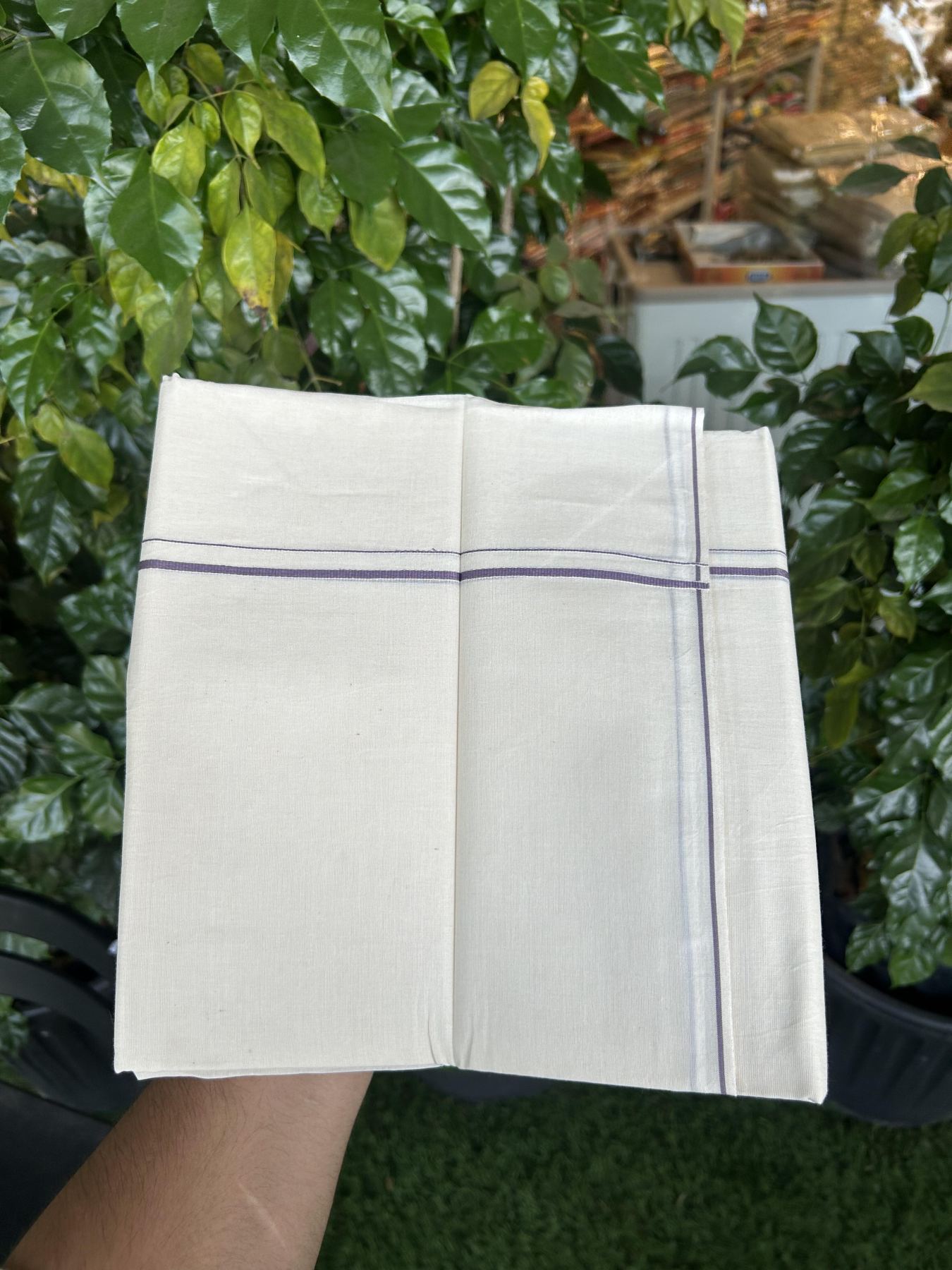 20% Discount! KaithariKada Balaramapuram 100% Cotton Double Off white - (Unbleached) - Mundu/Dhoti - 100x80 - 0.3 cm Purple Ash Thin Kara 4 mtr (8.5 muzham) - 29 KK5357 VAS