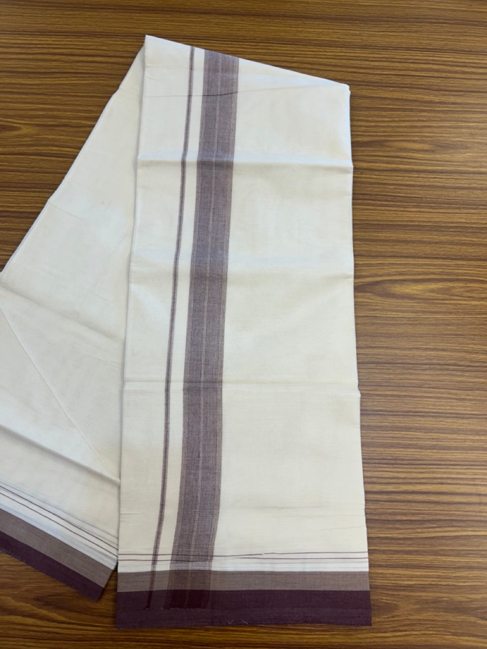 20% DISCOUNT!! KaithariKada Balaramapuram 100%  Cotton OFF WHITE Double - (Unbleached) Mundu/Dhoti - 100X80 - 1.5 inch Maroon & Sand brown Shaded Kara with Stripes - 6 KK5292 VIN