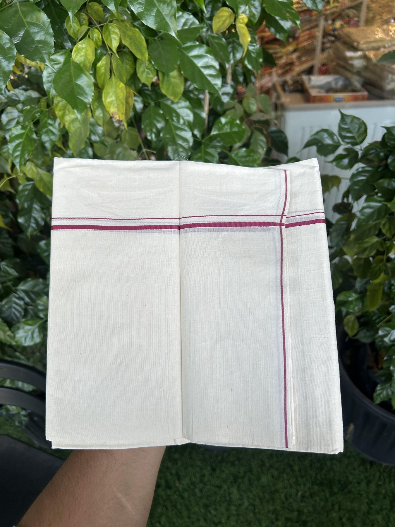 20% Discount! KaithariKada Balaramapuram 100% Cotton Double Off white - (Unbleached) - Mundu/Dhoti - 100x80 - 0.3 cm Maroon Pink Thin Kara 4 mtr (8.5 muzham) - 30 KK5357 VAS