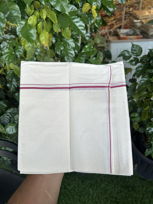 20% Discount! KaithariKada Balaramapuram 100% Cotton Double Off white - (Unbleached) - Mundu/Dhoti - 100x80 - 0.3 cm Maroon Pink Thin Kara 4 mtr (8.5 muzham) - 30 KK5357 VAS