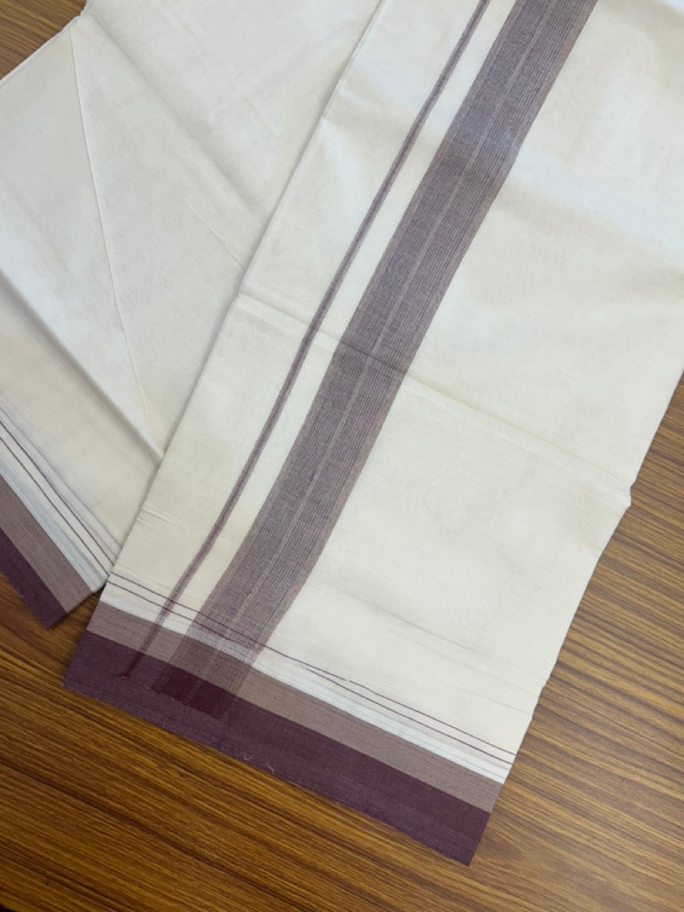 20% DISCOUNT!! KaithariKada Balaramapuram 100%  Cotton OFF WHITE Double - (Unbleached) Mundu/Dhoti - 100X80 - 1.5 inch Maroon & Sand brown Shaded Kara with Stripes - 6 KK5292 VIN