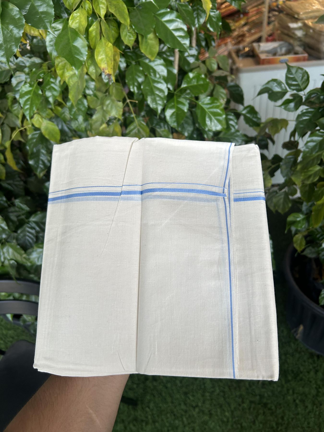 20% Discount! KaithariKada Balaramapuram 100% Cotton Double Off white - (Unbleached) - Mundu/Dhoti - 100x80 - 0.3 cm Light Blue Thin Kara 4 mtr (8.5 muzham) - 34 KK5357 VAS