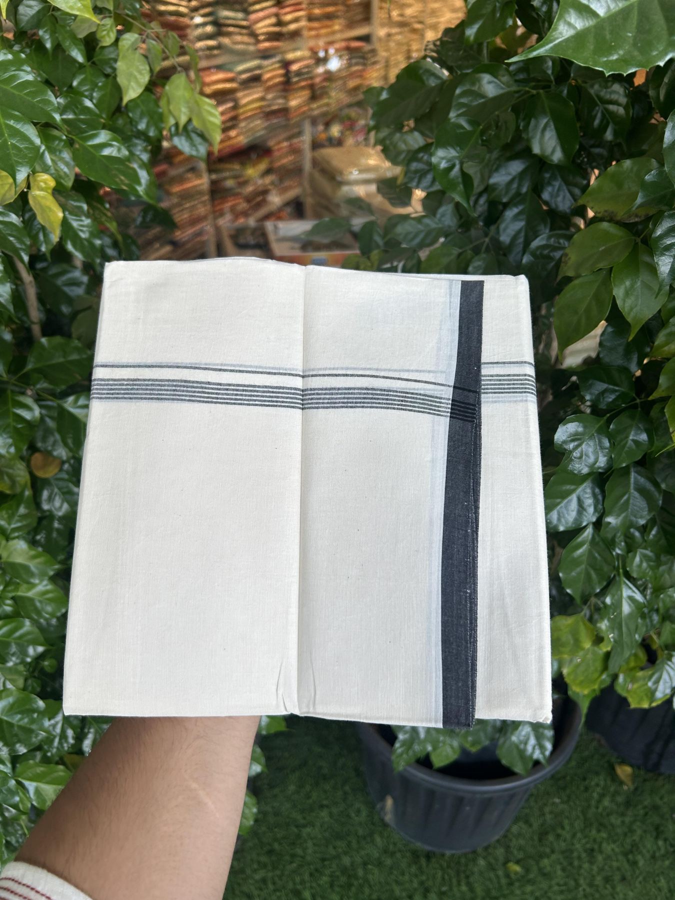 20% Discount! KaithariKada Balaramapuram 100% Cotton Double Off white - (Unbleached) - Mundu/Dhoti - 100x80 - 1.5 cm Black Thin Striped Kara 4 mtr (8.5 muzham) - 57 KK5357 VAS