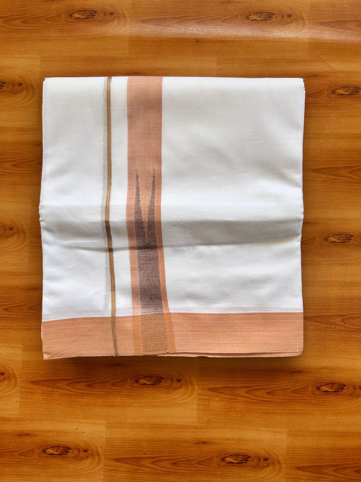 Double Pure White Mundu/Dhoti - 20% Discount !! KaithariKada Balaramapuram 100% Cotton - 100x80 - 1.5 inch Light Orange & Maroon Silver Chutty Kara 3.80 mtr (8 muzham) - 7 KK5499 CKS
