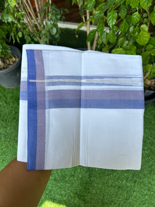 28% DISCOUNT!! Kaitharikada Balaramapuram 100% Cotton PURE WHITE Double Mundu/Dothi - 100X80 - 1.5 Inch Silver kasavu Light brown & Blue shaded striped chutty - 10KK5155THI