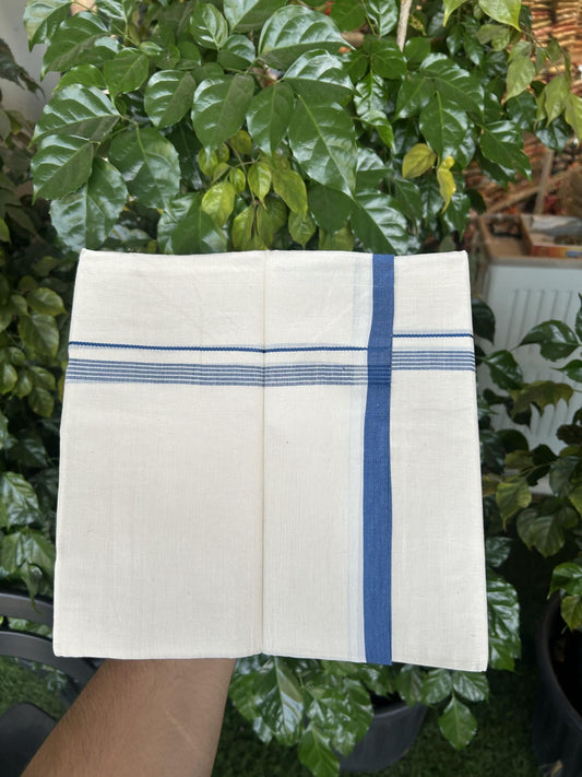 20% Discount! KaithariKada Balaramapuram 100% Cotton Double Off white - (Unbleached) - Mundu/Dhoti - 100x80 - 1.5 cm Blue Thin Striped Kara 4 mtr (8.5 muzham) - 56 KK5357 VAS