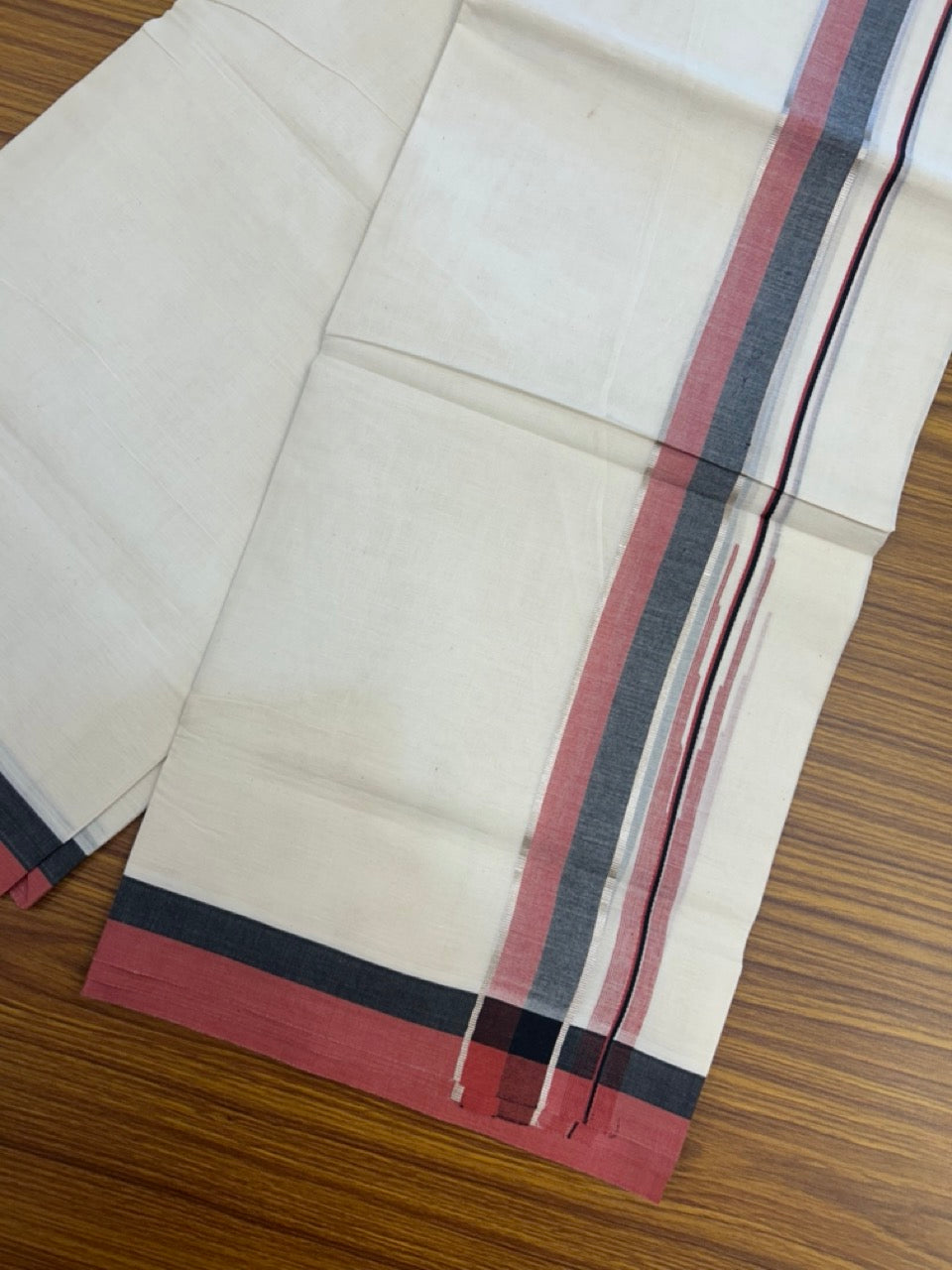 20% Discount ! Kaitharikada Balaramapuram 100% Pure Cotton Double Off white (Unbleached) Mundu/Dhoti - 100x80 - 1.5 inch Silver Kasav Black & Maroon Stripes Chutty Kara - 4 KK5292 PMC
