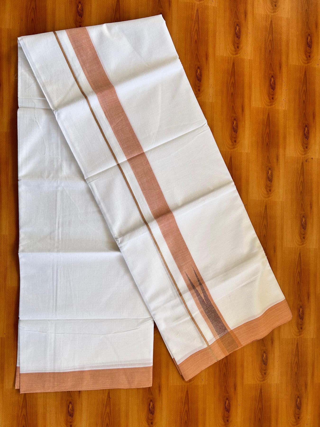 Double Pure White Mundu/Dhoti - 20% Discount !! KaithariKada Balaramapuram 100% Cotton - 100x80 - 1.5 inch Light Orange & Maroon Silver Chutty Kara 3.80 mtr (8 muzham) - 7 KK5499 CKS