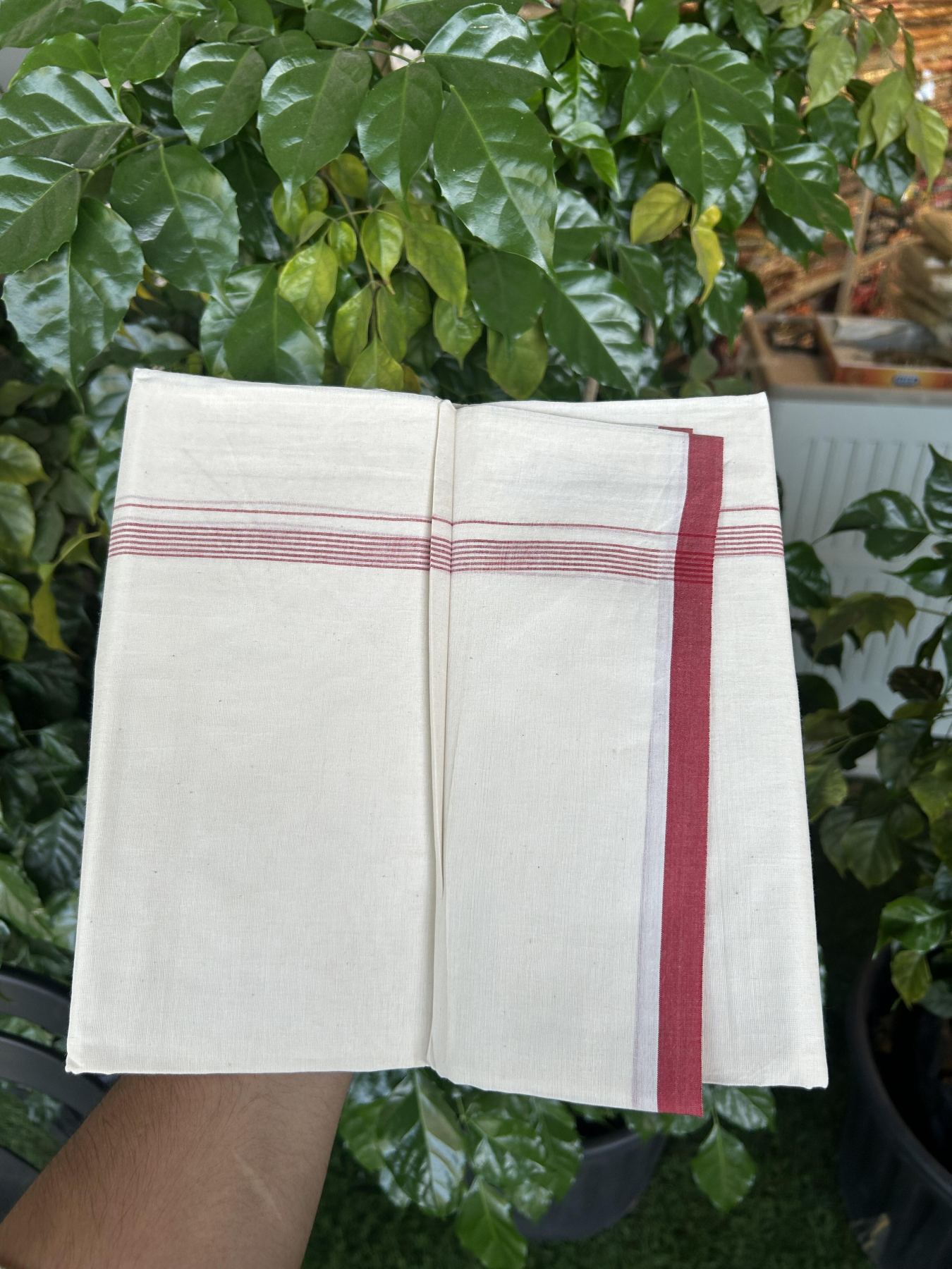 20% Discount! KaithariKada Balaramapuram 100% Cotton Double Off white - (Unbleached) - Mundu/Dhoti - 100x80 - 1.5 cm Maroon Thin Striped Kara 4 mtr (8.5 muzham) - 55 KK5357 VAS