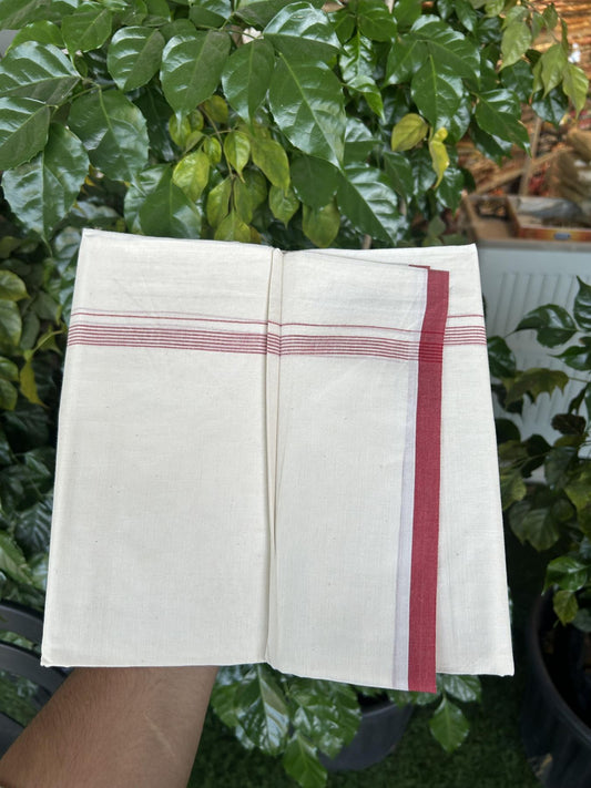 20% Discount! KaithariKada Balaramapuram 100% Cotton Double Off white - (Unbleached) - Mundu/Dhoti - 100x80 - 1.5 cm Maroon Thin Striped Kara 4 mtr (8.5 muzham) - 55 KK5357 VAS