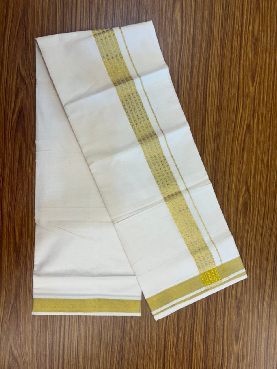 KaithariKada Balaramapuram Pure Cotton DOUBLE OFF WHITE - (Ubleached) Mundu/Dhoti - 60s - 1.75 inch Gold Kasav Jacquard Design Kara 4 mtr (8.5 muzham) - 7 KK5292 GAN