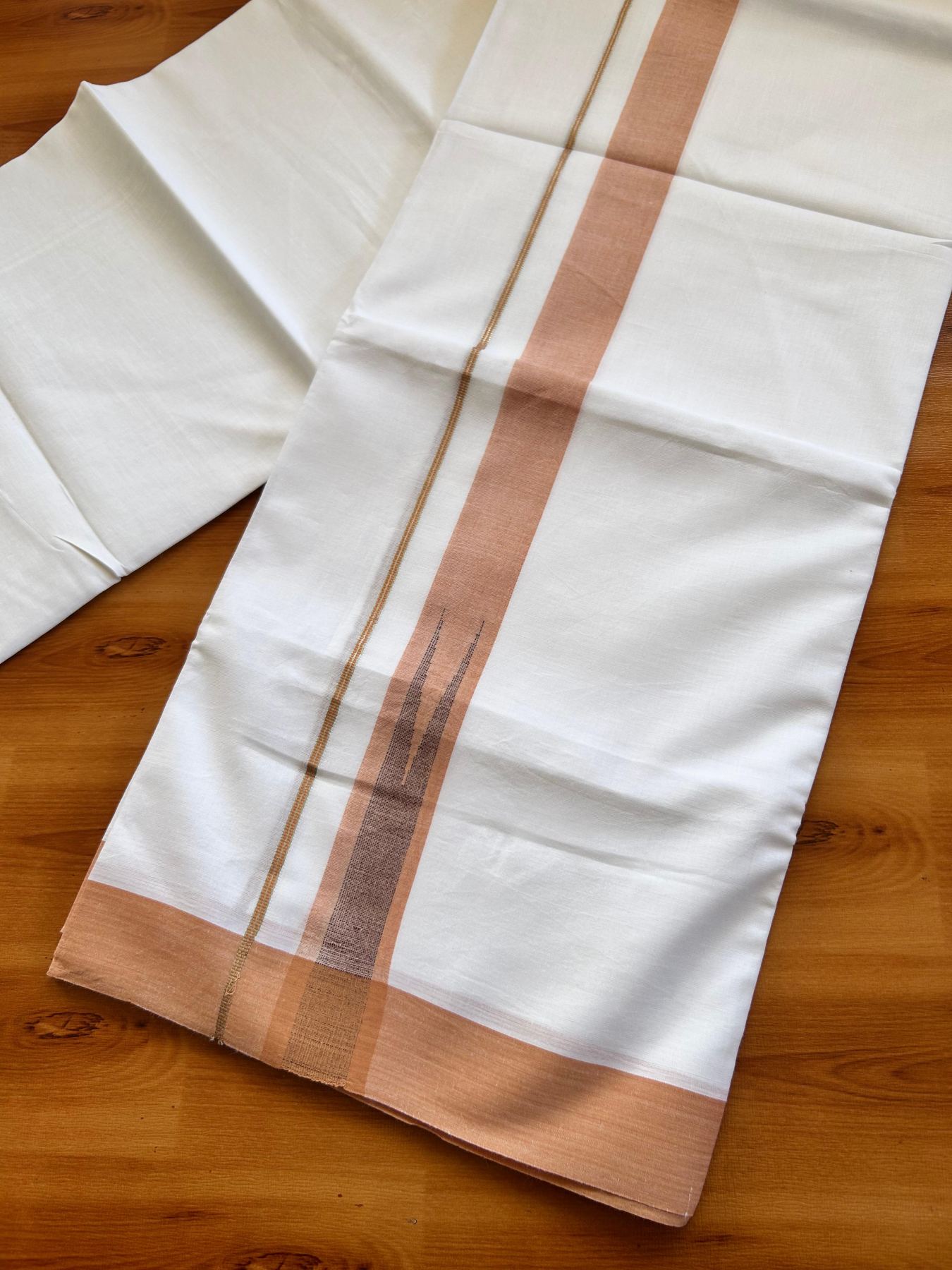 Double Pure White Mundu/Dhoti - 20% Discount !! KaithariKada Balaramapuram 100% Cotton - 100x80 - 1.5 inch Light Orange & Maroon Silver Chutty Kara 3.80 mtr (8 muzham) - 7 KK5499 CKS