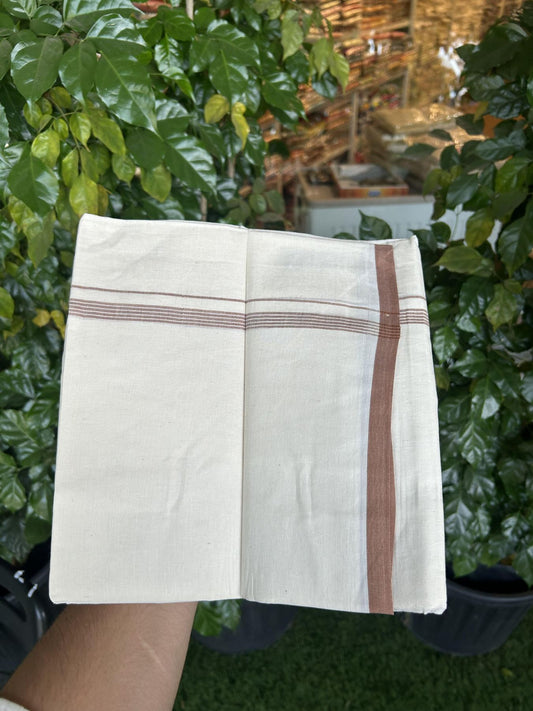20% Discount! KaithariKada Balaramapuram 100% Cotton Double Off white - (Unbleached) - Mundu/Dhoti - 100x80 - 1.5 cm Brown Thin Striped Kara 4 mtr (8.5 muzham) - 54 KK5357 VAS