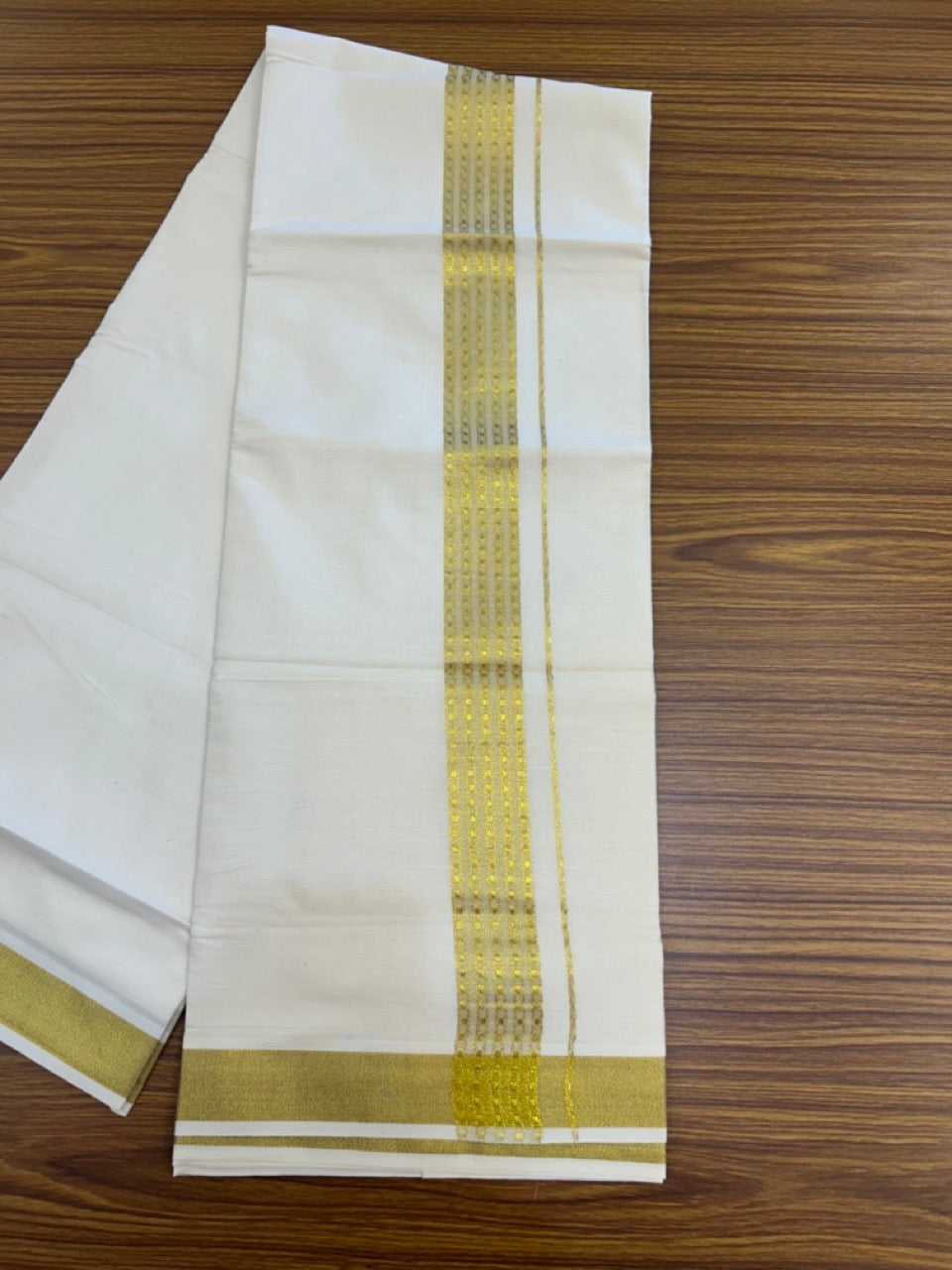 KaithariKada Balaramapuram Pure Cotton DOUBLE OFF WHITE - (Ubleached) Mundu/Dhoti - 60s - 1.75 inch Gold Kasav Jacquard Design Kara 4 mtr (8.5 muzham) - 7 KK5292 GAN