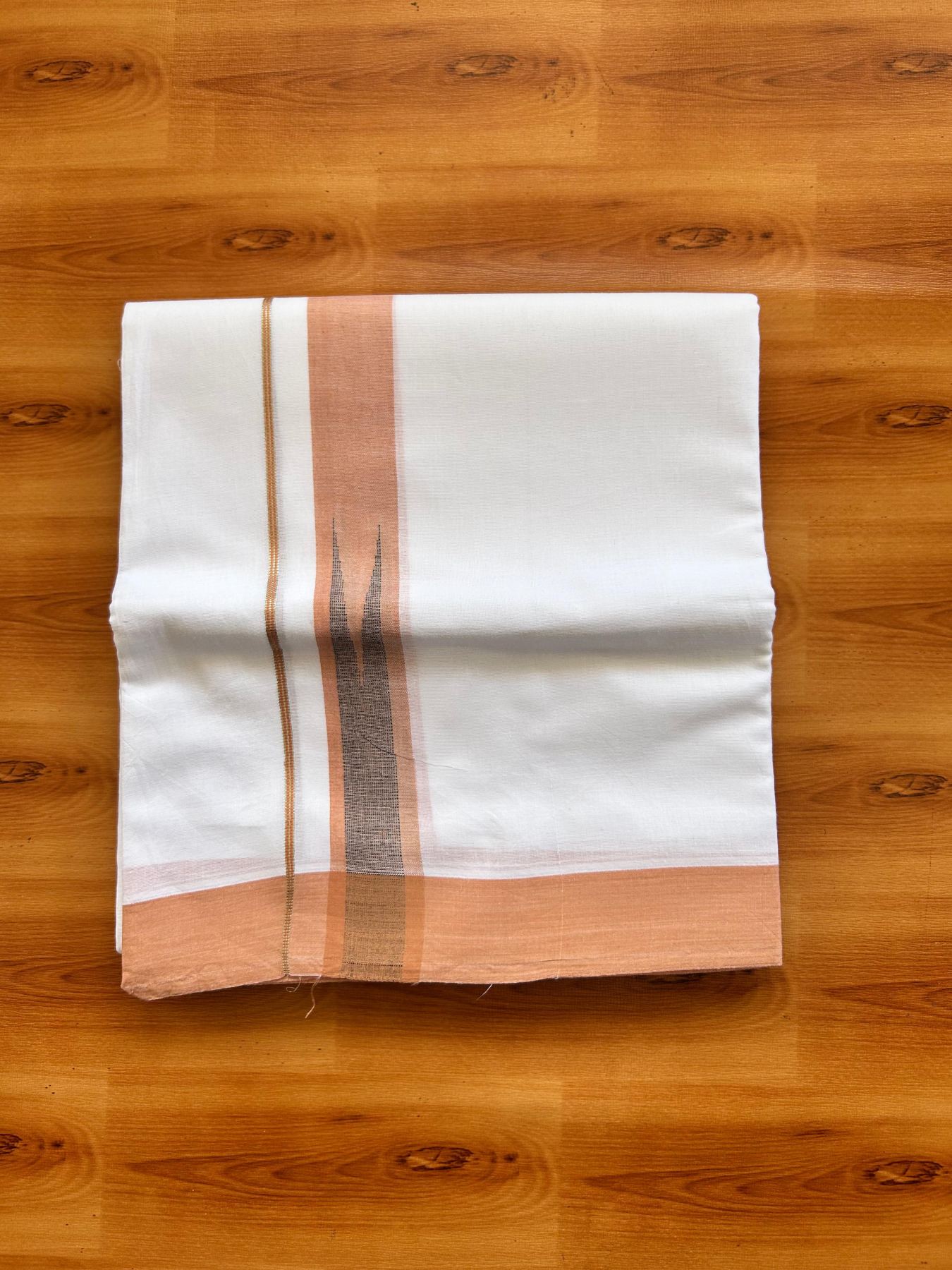 Double Pure White Mundu/Dhoti - 20% Discount !! KaithariKada Balaramapuram 100% Cotton - 100x80 - 1.5 inch Light Orange & Navy Blue Silver Chutty Kara 3.80 mtr (8 muzham) - 8 KK5499 CKS