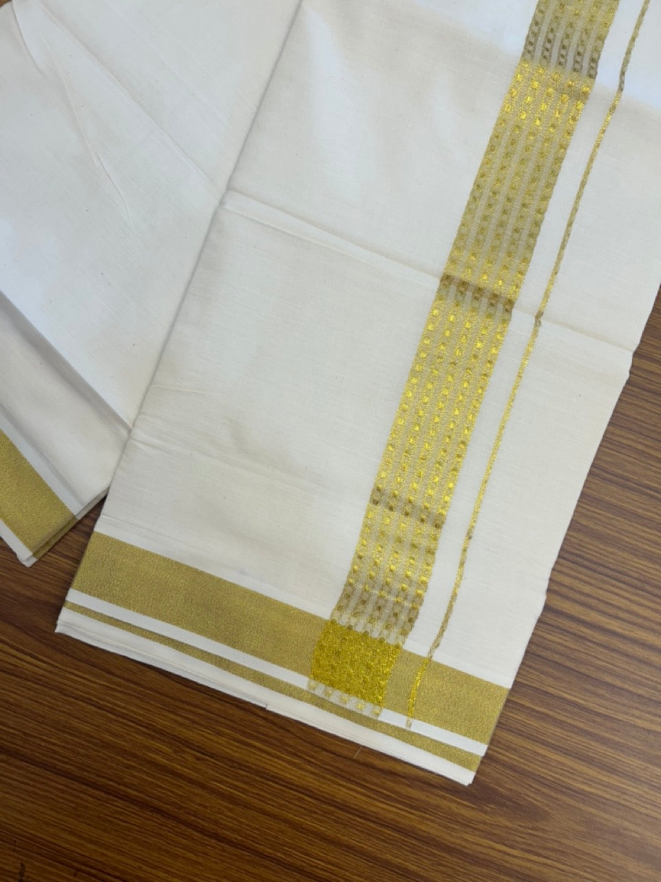 KaithariKada Balaramapuram Pure Cotton DOUBLE OFF WHITE - (Ubleached) Mundu/Dhoti - 60s - 1.75 inch Gold Kasav Jacquard Design Kara 4 mtr (8.5 muzham) - 7 KK5292 GAN