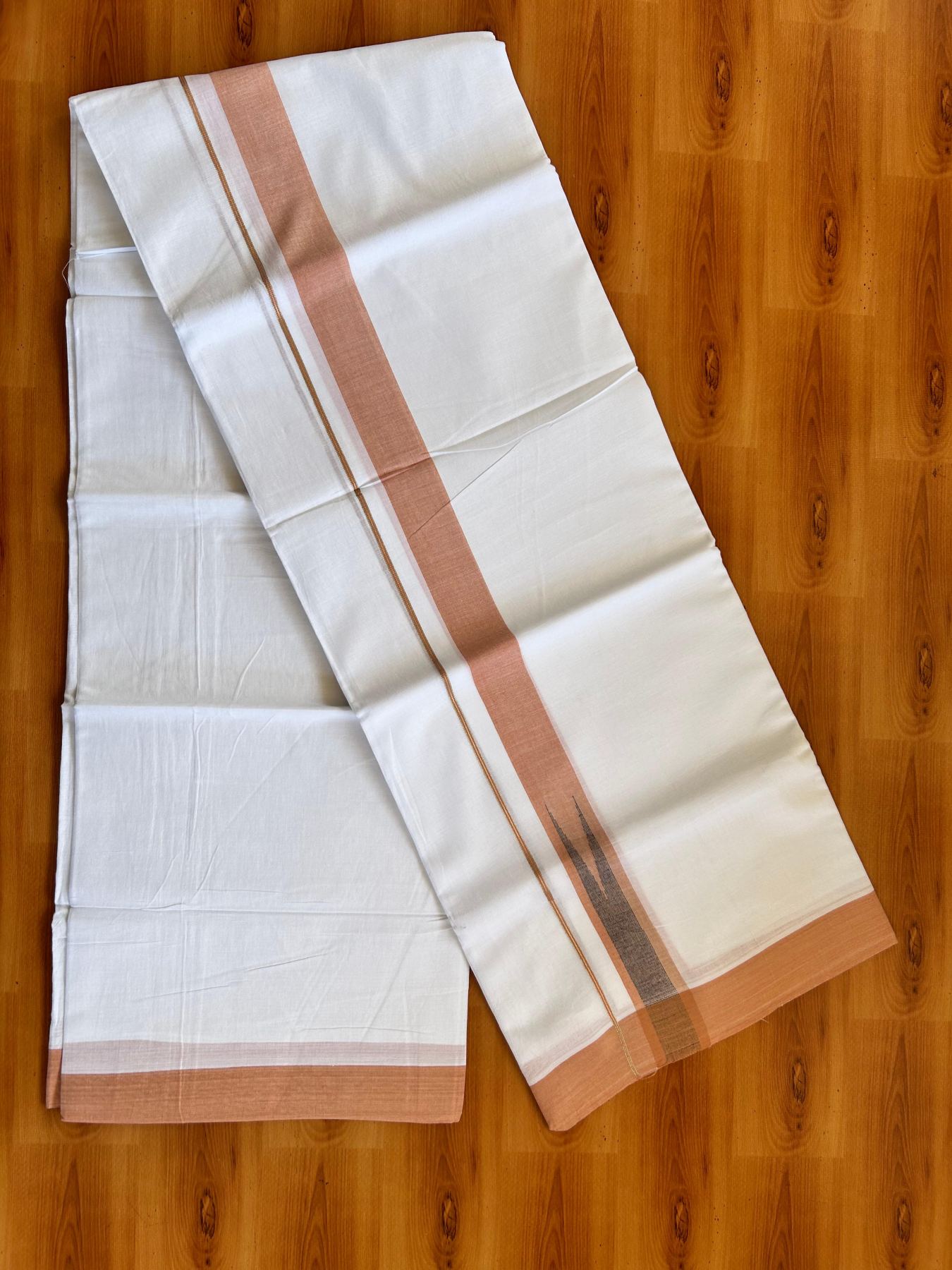 Double Pure White Mundu/Dhoti - 20% Discount !! KaithariKada Balaramapuram 100% Cotton - 100x80 - 1.5 inch Light Orange & Navy Blue Silver Chutty Kara 3.80 mtr (8 muzham) - 8 KK5499 CKS