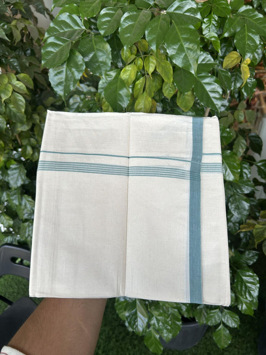 20% Discount! KaithariKada Balaramapuram 100% Cotton Double Off white - (Unbleached) - Mundu/Dhoti - 100x80 - 1.5 cm Teal Blue Thin Striped Kara 4 mtr (8.5 muzham) - 52 KK5357 VAS