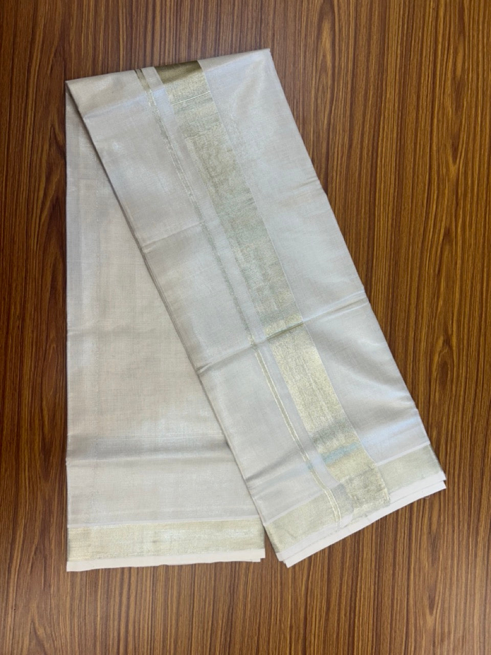 20% Discount! KaithariKada Balaramapuram Cotton Mix (60)s - Light Gold Kasav TISSUE Double Dhoti/Mund 2.25 inch Light Gold kara 4 mtr (8.5 muzham) - 9 KK5292 GAN