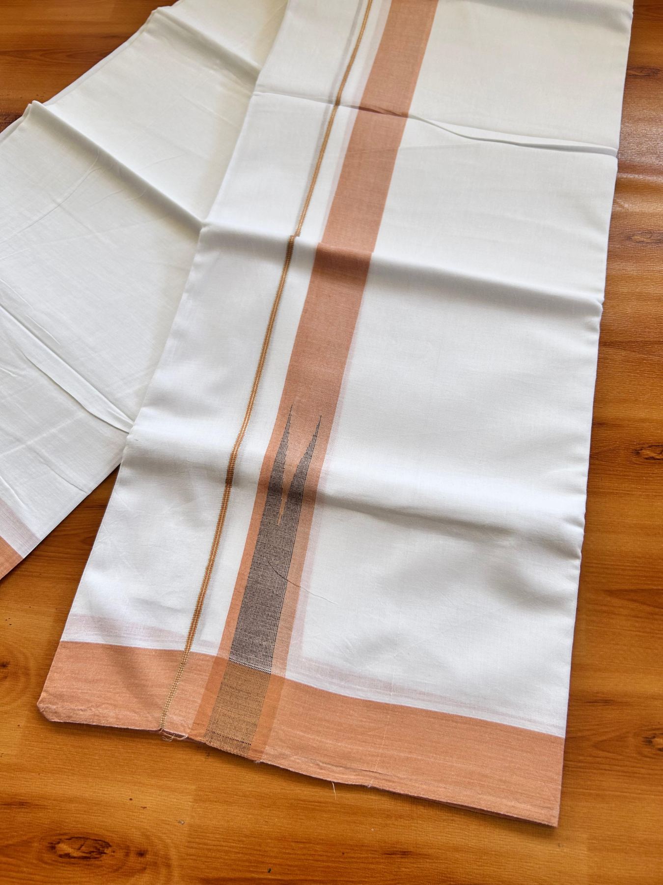 Double Pure White Mundu/Dhoti - 20% Discount !! KaithariKada Balaramapuram 100% Cotton - 100x80 - 1.5 inch Light Orange & Navy Blue Silver Chutty Kara 3.80 mtr (8 muzham) - 8 KK5499 CKS