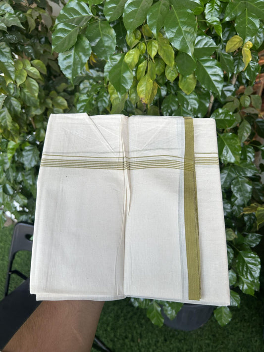 20% Discount! KaithariKada Balaramapuram 100% Cotton Double Off white - (Unbleached) - Mundu/Dhoti - 100x80 - 1.5 cm Dark Mustard Thin Striped Kara 4 mtr (8.5 muzham) - 51 KK5357 VAS