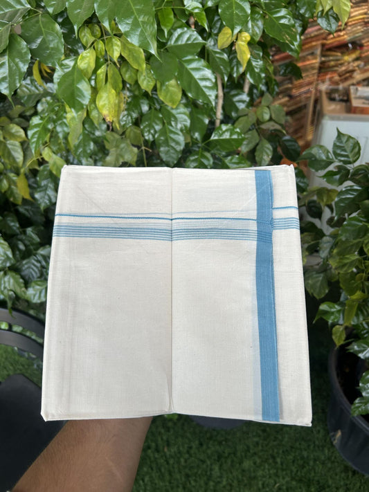 20% Discount! KaithariKada Balaramapuram 100% Cotton Double Off white - (Unbleached) - Mundu/Dhoti - 100x80 - 1.5 cm Light Blue Thin Striped Kara 4 mtr (8.5 muzham) - 49 KK5357 VAS