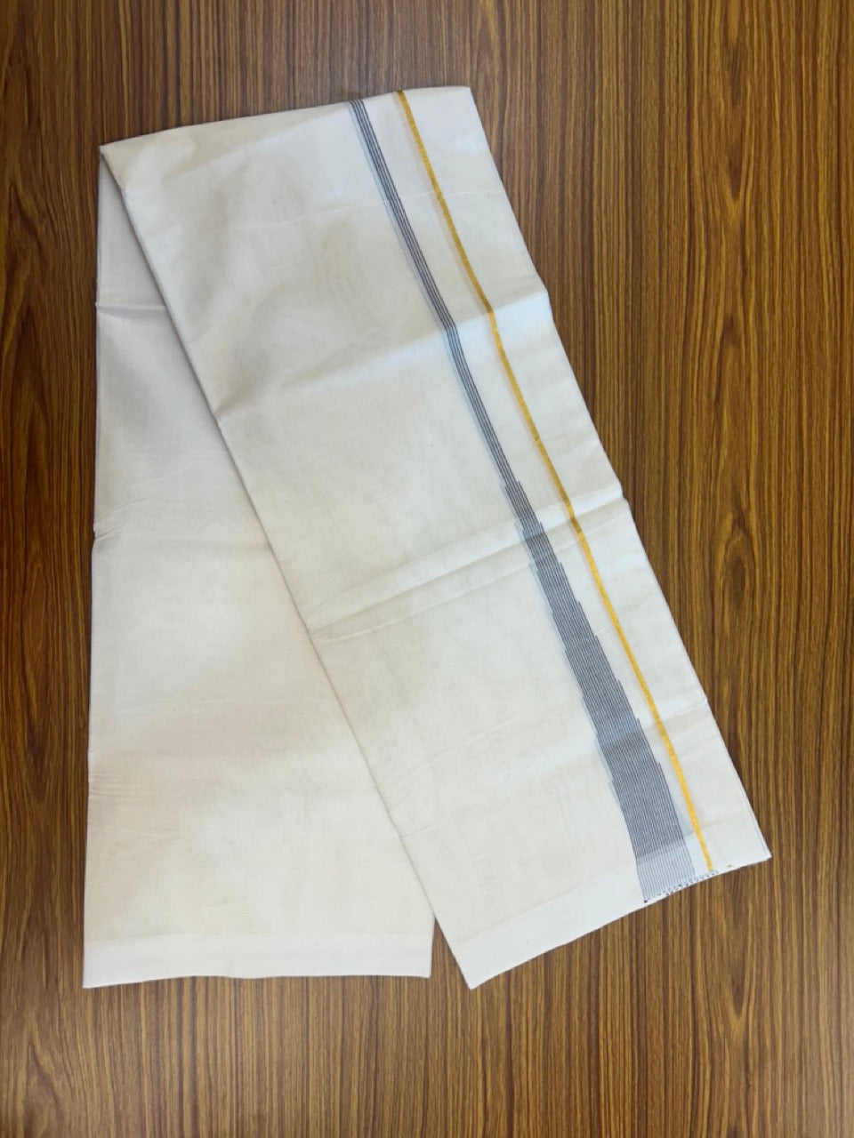 20% Discount ! Kaitharikada Balaramapuram 100% Pure Cotton Double Off white (Unbleached) Mundu/Dhoti - 100x80 - 1.5 inch Gold Kasav Ash Black Stripes Chutty Kara - 5 KK5292 PMC