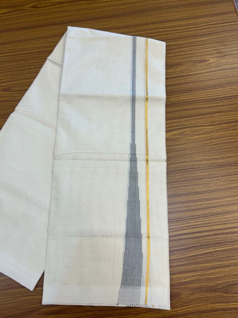 20% Discount ! Kaitharikada Balaramapuram 100% Pure Cotton Double Off white (Unbleached) Mundu/Dhoti - 100x80 - 1.5 inch Gold Kasav Ash Black Stripes Chutty Kara - 5 KK5292 PMC