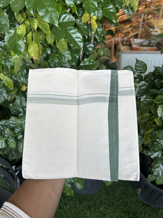 20% Discount! KaithariKada Balaramapuram 100% Cotton Double Off white - (Unbleached) - Mundu/Dhoti - 100x80 - 1.5 cm Green Thin Striped Kara 4 mtr (8.5 muzham) - 48 KK5357 VAS
