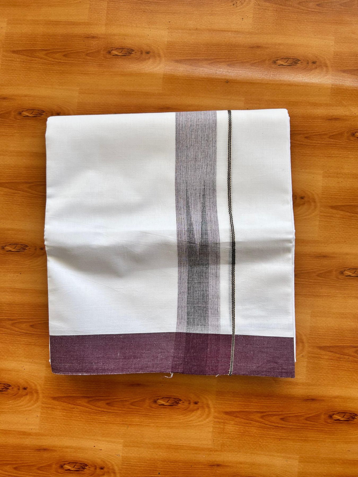 Double Pure White Mundu/Dhoti - 20% Discount !! KaithariKada Balaramapuram 100% Cotton - 100x80 - 1.5 inch Wine Purple & Black Silver Chutty Kara 3.80 mtr (8 muzham) - 4 KK5501 VAS