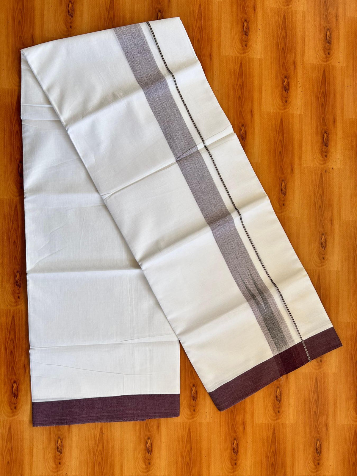 Double Pure White Mundu/Dhoti - 20% Discount !! KaithariKada Balaramapuram 100% Cotton - 100x80 - 1.5 inch Wine Purple & Black Silver Chutty Kara 3.80 mtr (8 muzham) - 4 KK5501 VAS