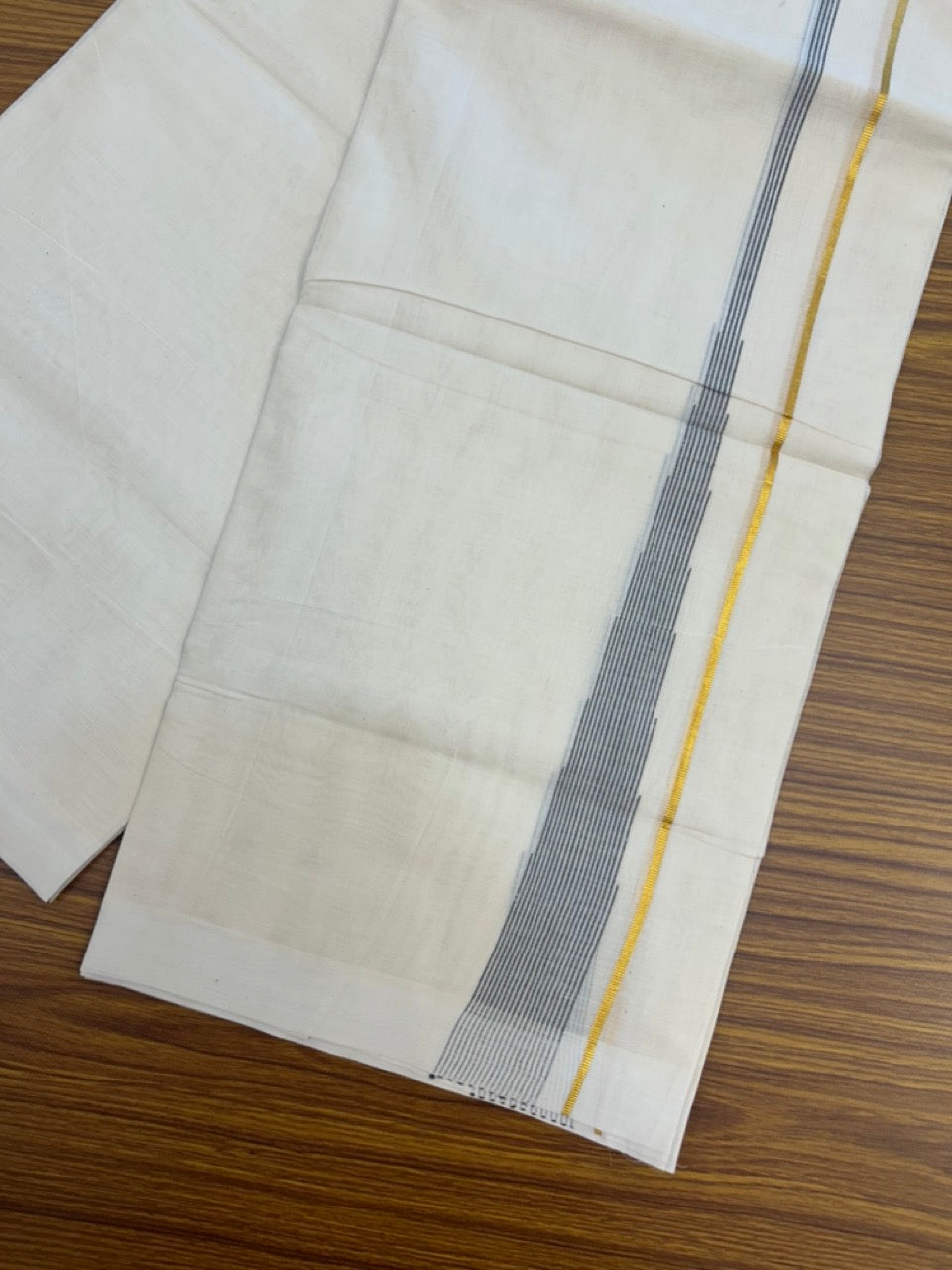 20% Discount ! Kaitharikada Balaramapuram 100% Pure Cotton Double Off white (Unbleached) Mundu/Dhoti - 100x80 - 1.5 inch Gold Kasav Ash Black Stripes Chutty Kara - 5 KK5292 PMC