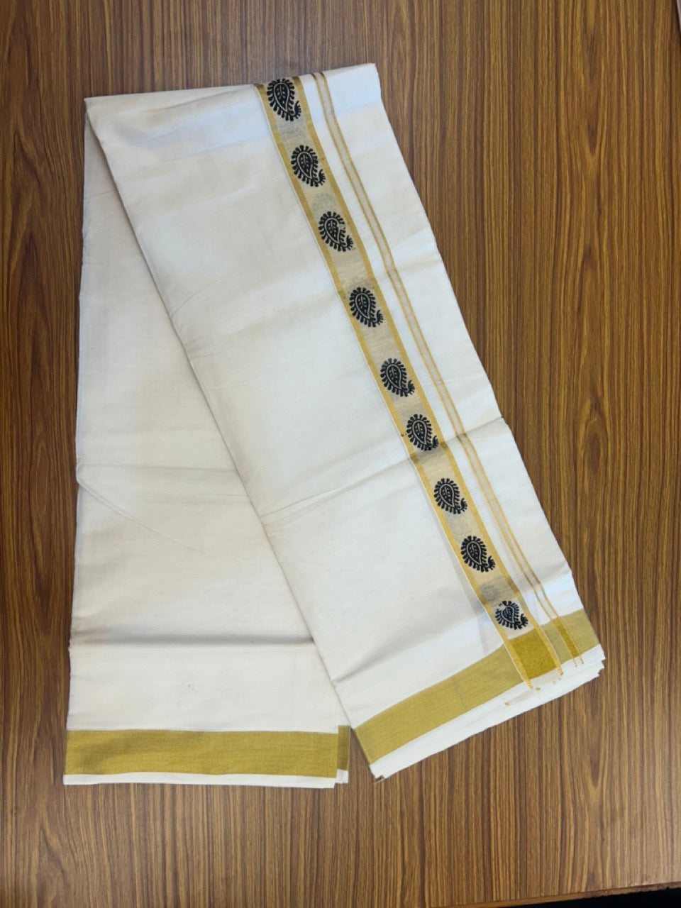 20% Discount!! KaithariKada Balaramapuram 100% Cotton DOUBLE OFF WHITE - (Ubleached) Mundu/Dhoti - 80x90 - 1.5 inch Gold Kasavu & Black Printed Design Kara - 8 KK5292 GAN