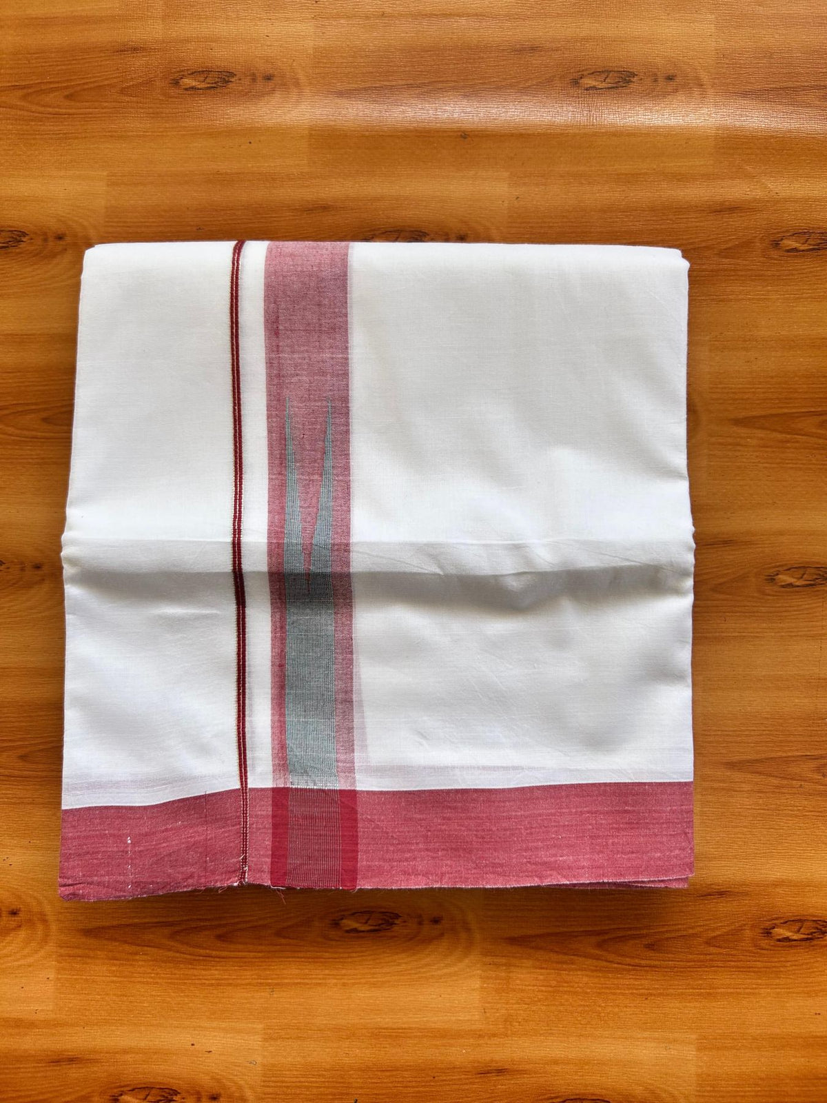 Double Pure White Mundu/Dhoti - 20% Discount !! KaithariKada Balaramapuram 100% Cotton - 100x80 - 1.5 inch Maroon & Mint Green Silver Chutty Kara 3.80 mtr (8 muzham) - 9 KK5499 CKS